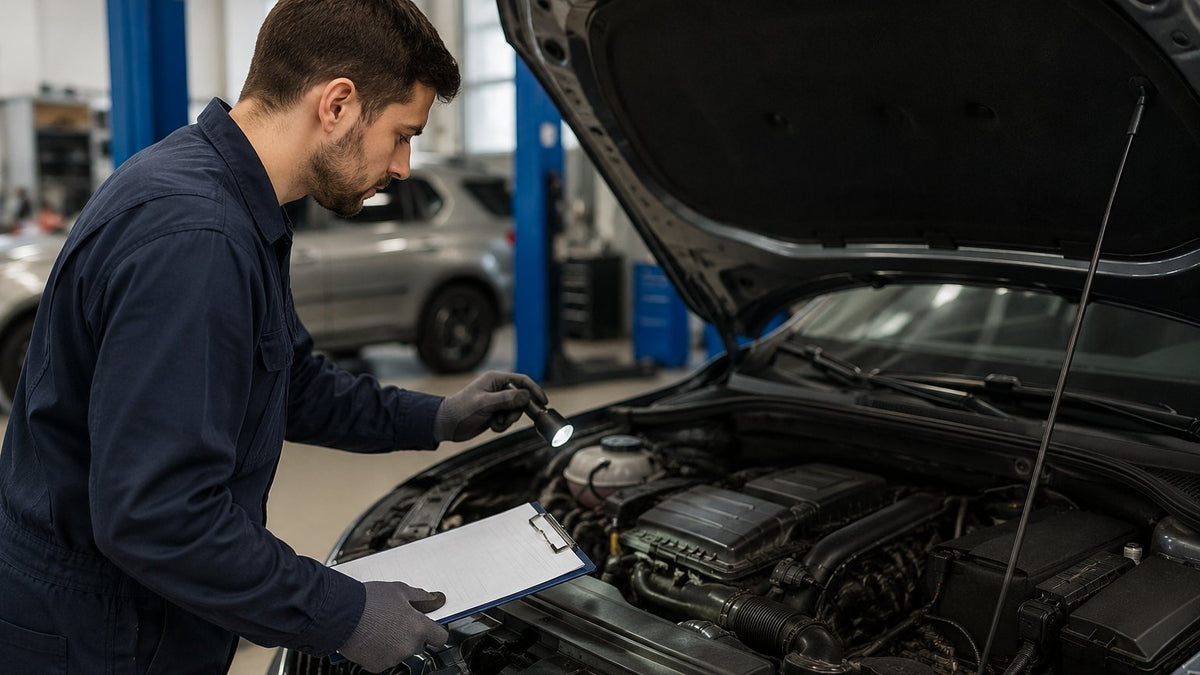Technician checking a car engine with a flashlight and clipboard during an inspection