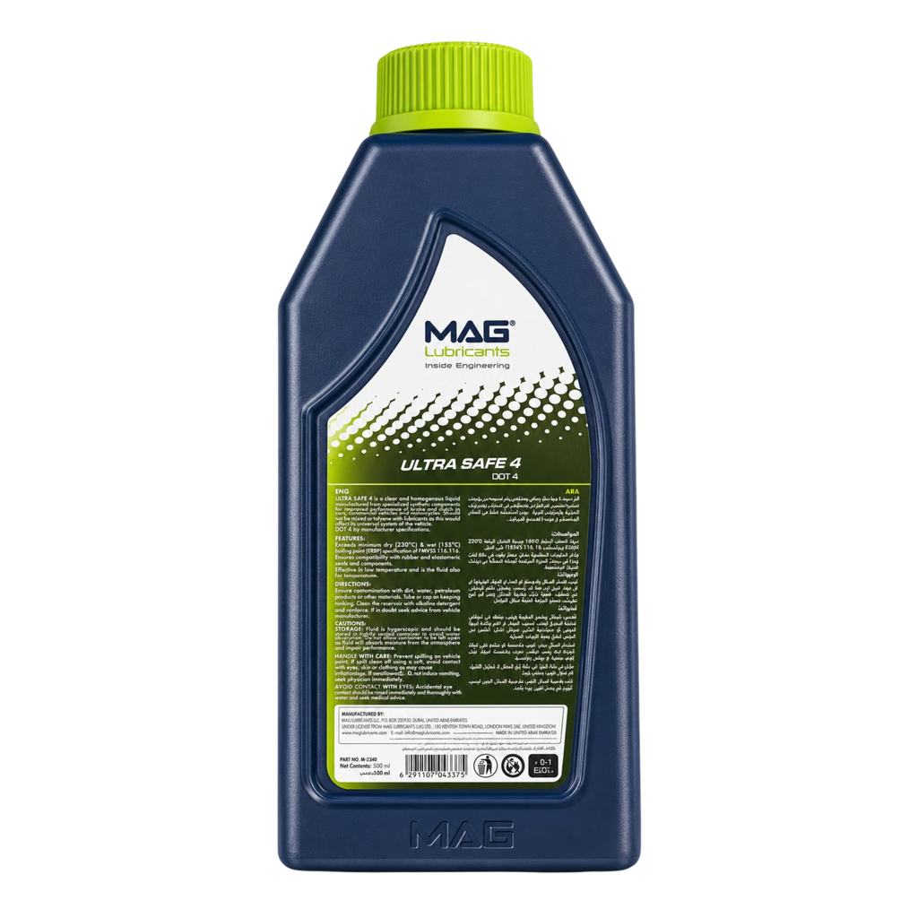 MAG Ultra Safe 4 DOT 4 brake and clutch fluid 500ml – back label