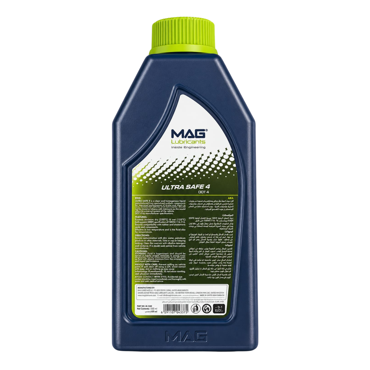 MAG Ultra Safe 4 DOT 4 brake and clutch fluid 500ml – back label