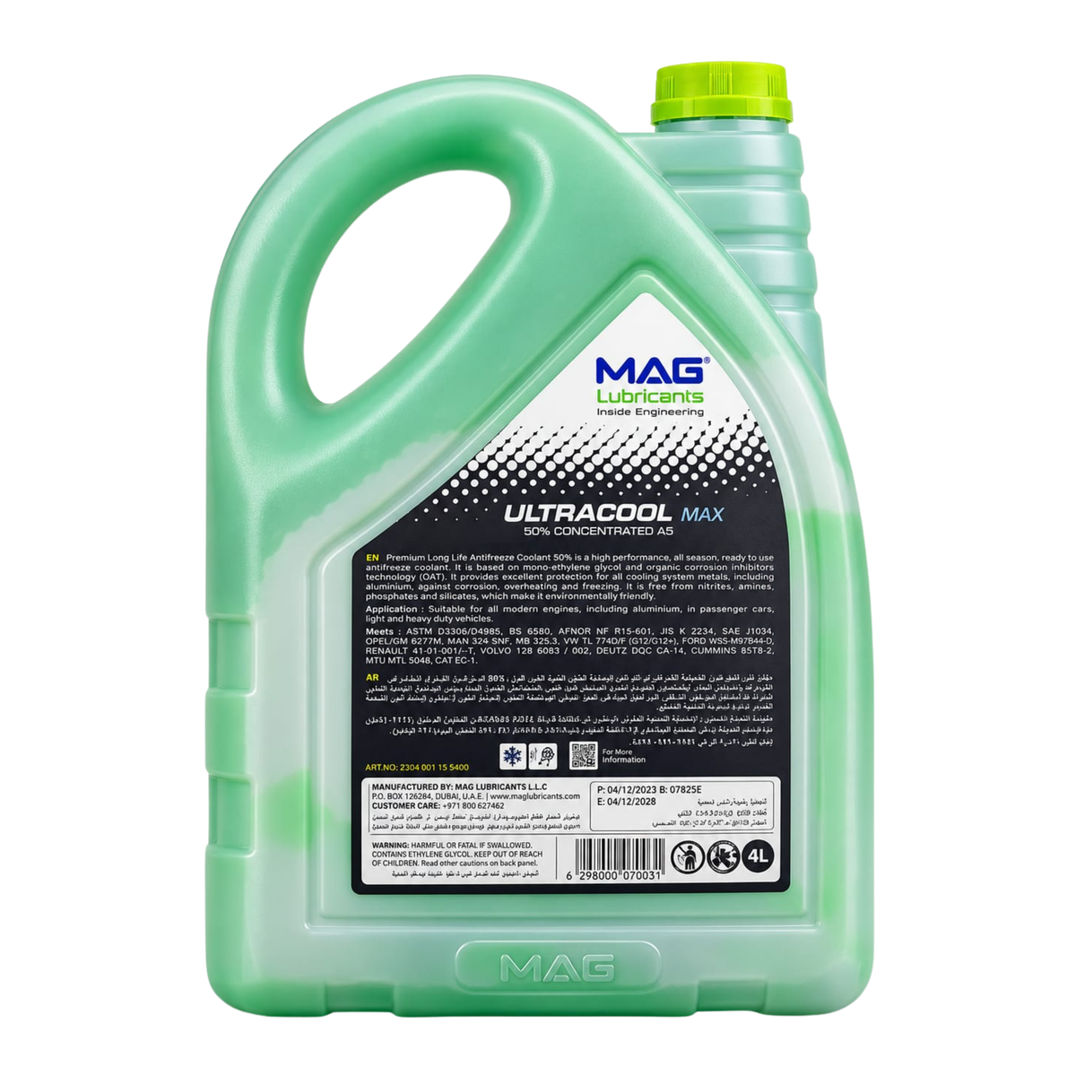 MAG Ultracool Max 50% anti-freeze coolant green 4L – back label