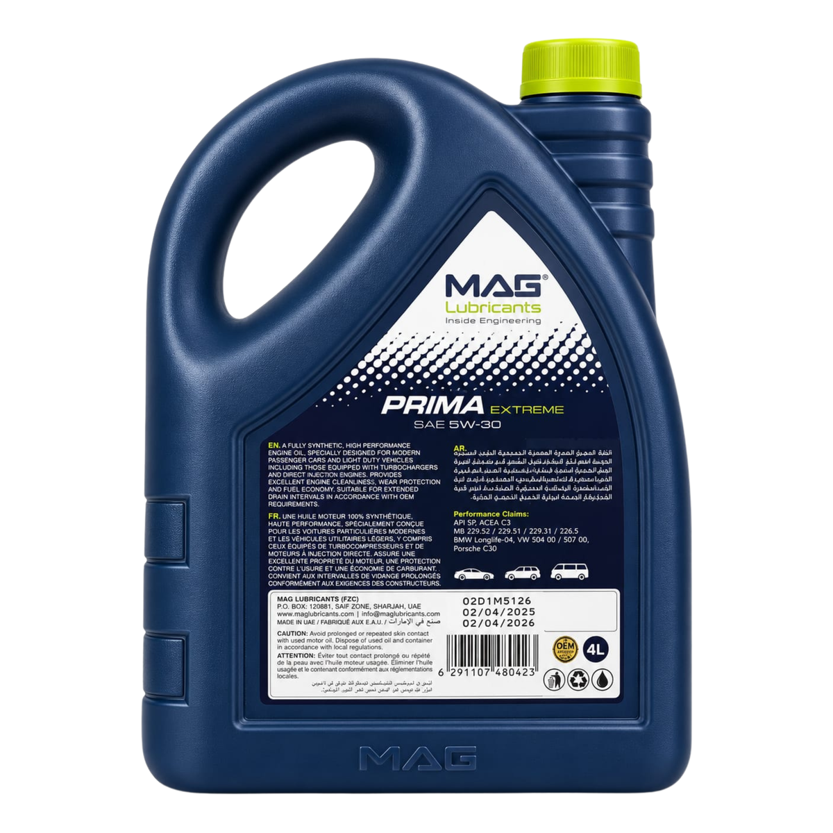 MAG Prima Extreme 5W-30 fully synthetic motor oil 4L – back label