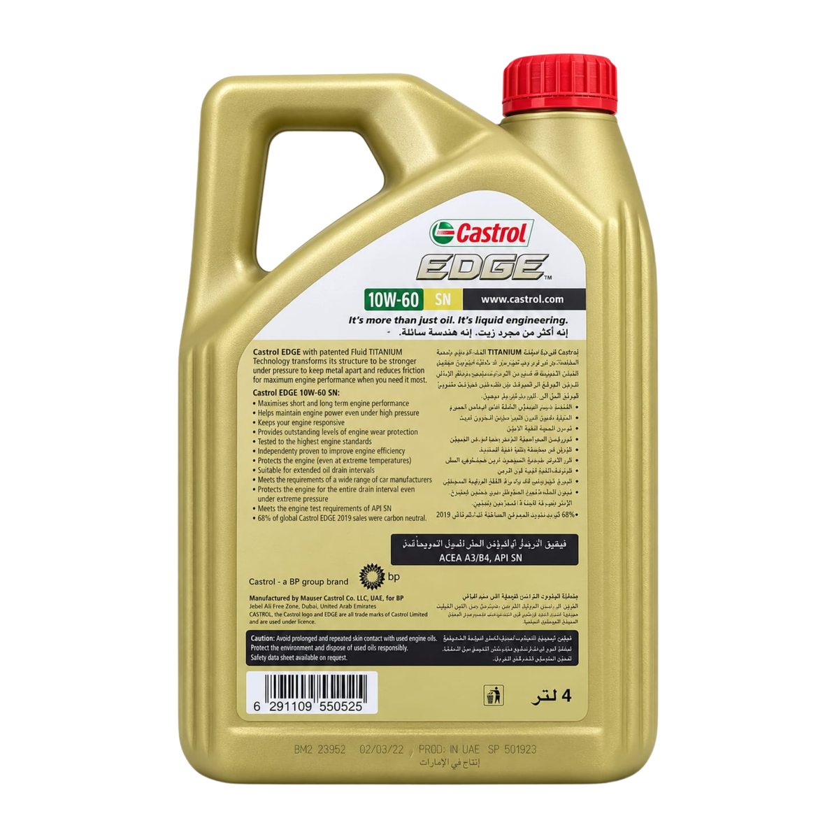 Castrol EDGE 10W-60 full synthetic engine oil 4L – back label