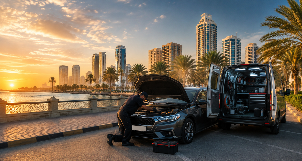 ZeetoAuto service van and technician working on a car by the Ajman corniche at sunset