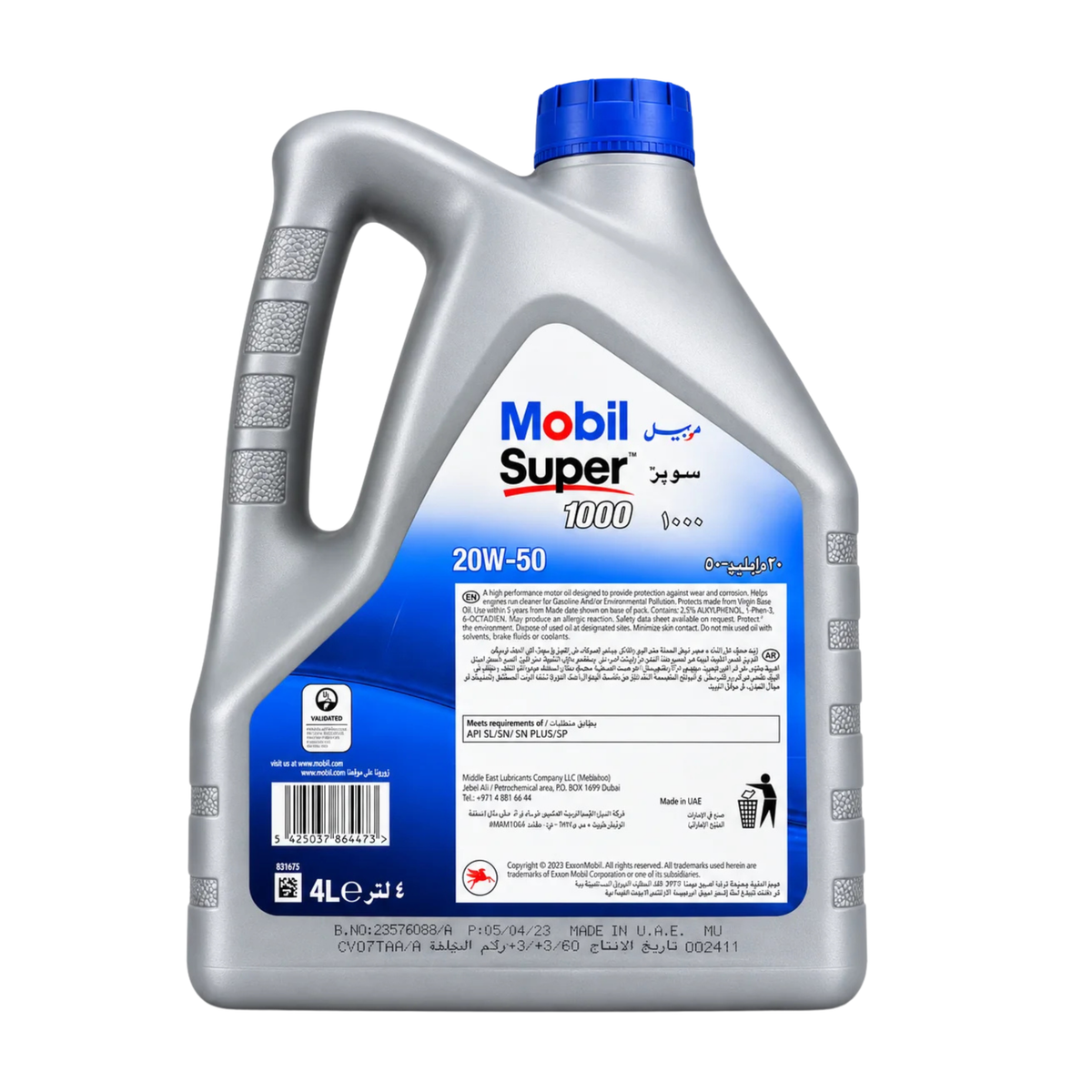 Mobil Super 1000 20W-50 engine oil 4L – back label
