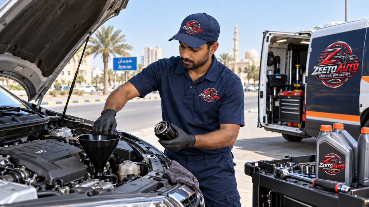 ZeetoAuto technician changing oil next to the branded service van in Ajman